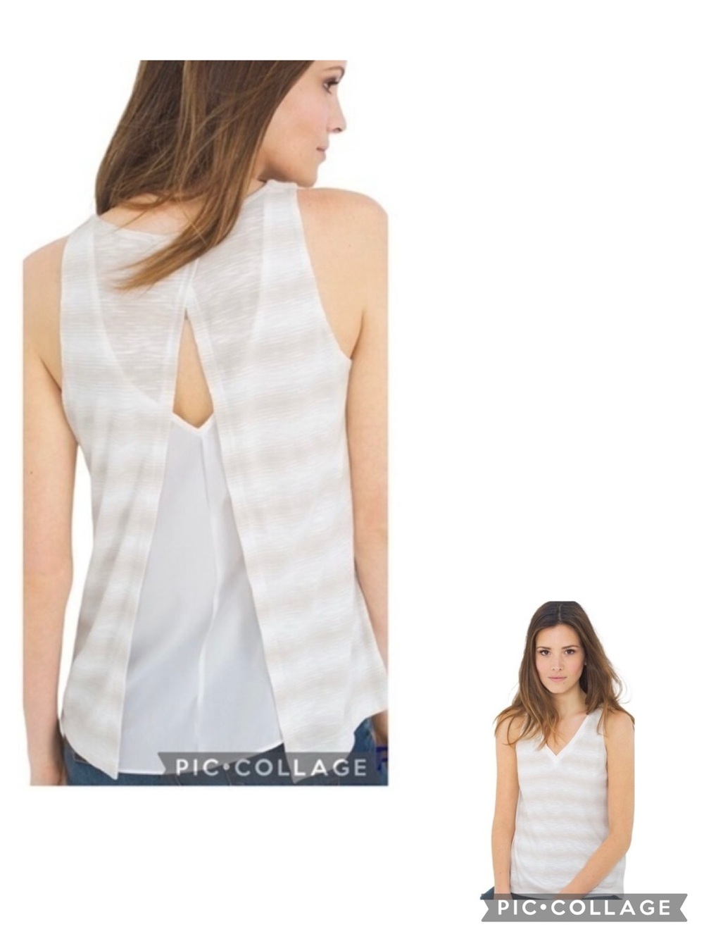 WHBM Tank Top Striped Split Back Striped Beige V-Neck XXS Quiet Luxury